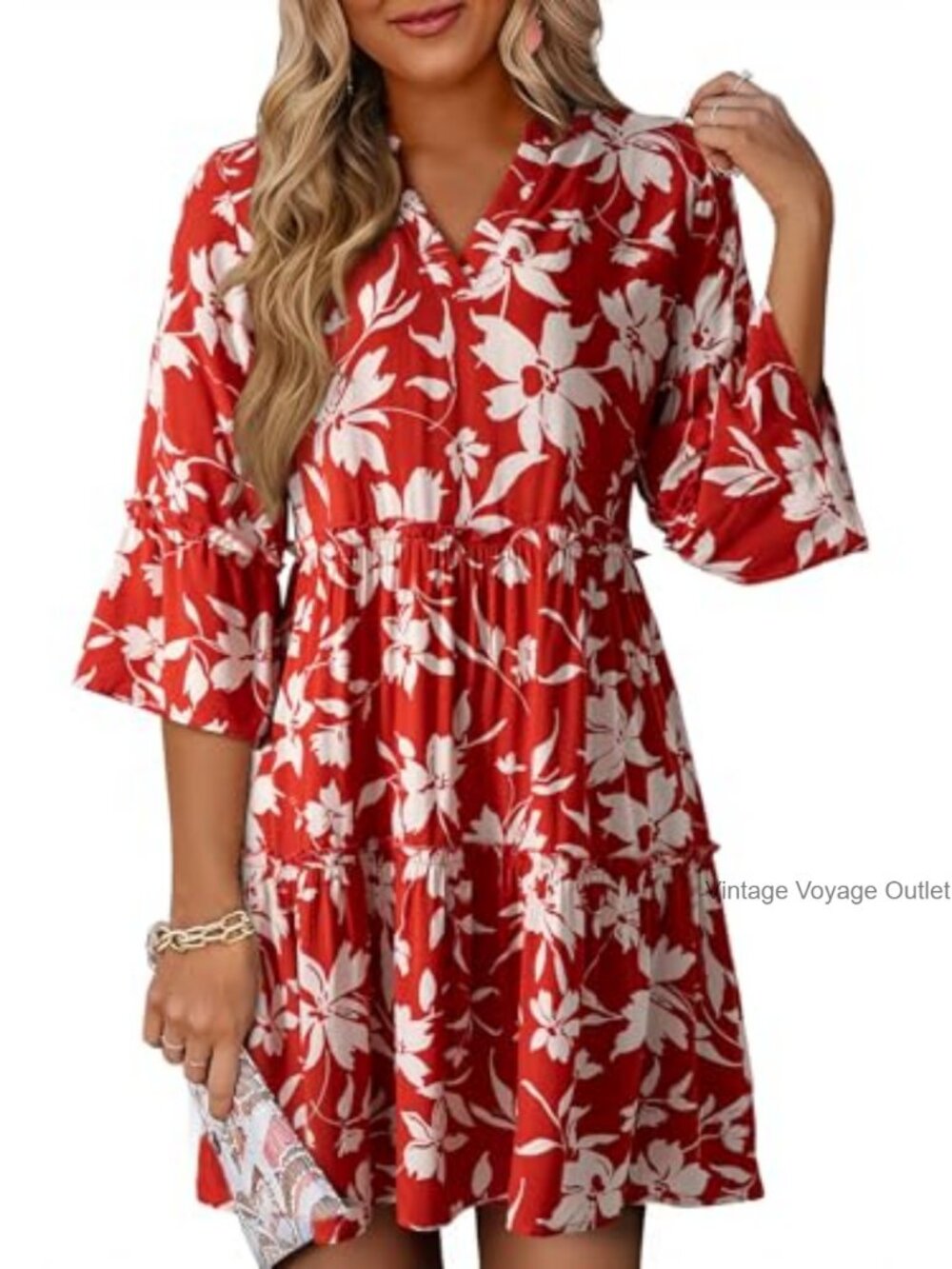 Women's Casual V-Neck Babydoll Dress 3/4 Bell Sleeve Beach Vacation Mini Dress - Picture 1 of 6